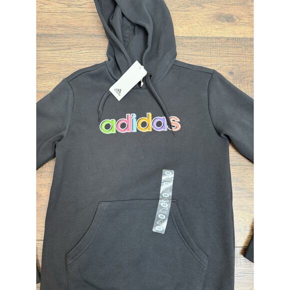adidas Women's Navy Multicolor Logo Graphic Fleece Hoodie Sweatshirt Sz XS NWT - Picture 2 of 4